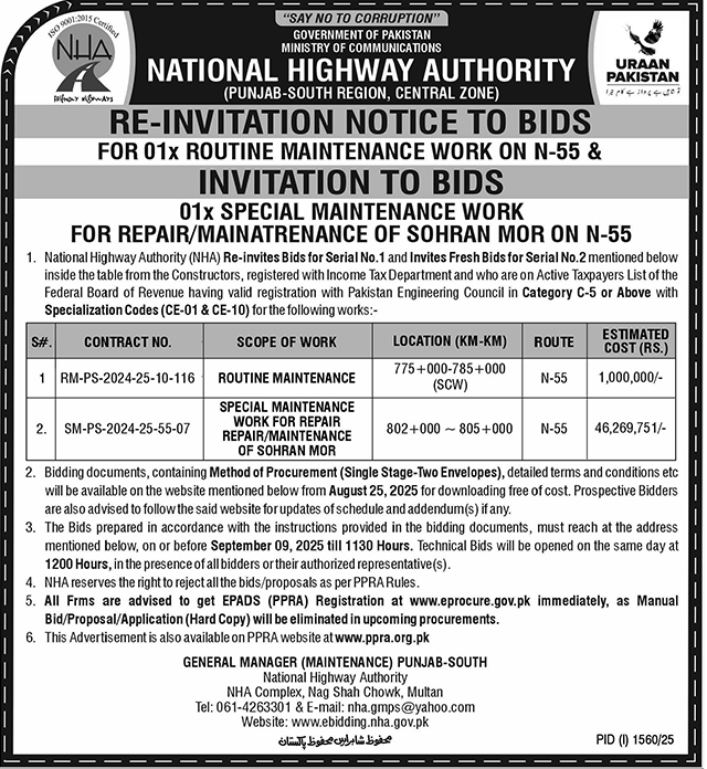 National Highway Authority Multan Tender Notice